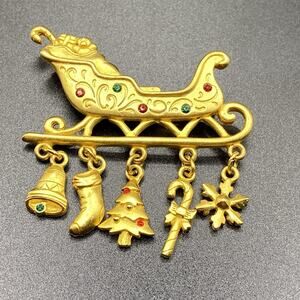 Vintage JJ Signed Rhinestone Christmas Sleigh Brooch Charm Jonette Jewelry